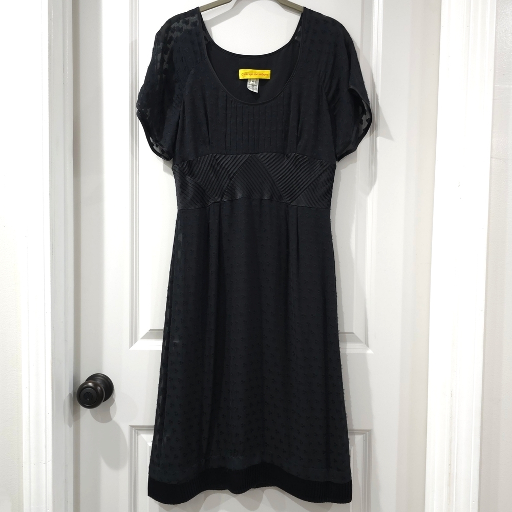 CATHERINE MALANDRINO Black 100% Silk Textured Midi Dress, Baby Doll, Vintage, 10 - Picture 2 of 16